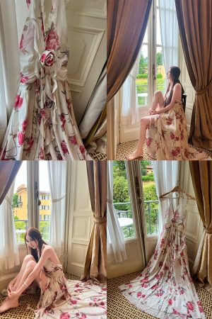 Peach Blossom Printed Slip Dress for Tall Figures - High-End Socialite Style with Slim Fit and Slit - Perfect for Y2K Fashion