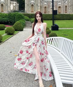 Peach Blossom Printed Slip Dress for Tall Figures - High-End Socialite Style with Slim Fit and Slit - Perfect for Y2K Fashion
