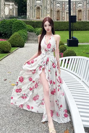 Peach Blossom Printed Slip Dress for Tall Figures - High-End Socialite Style with Slim Fit and Slit - Perfect for Y2K Fashion