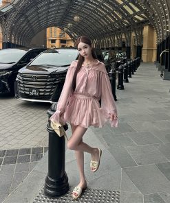 Peach Ice Yarn Chiffon Ruffle Design Two-Piece Top and Short Skirt Set - Trendy Summer Outfit, Perfect for 90s and Y2K Styles