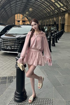 Peach Ice Yarn Chiffon Ruffle Design Two-Piece Top and Short Skirt Set - Trendy Summer Outfit, Perfect for 90s and Y2K Styles