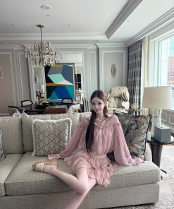 Peach Ice Yarn Chiffon Ruffle Design Two-Piece Top and Short Skirt Set - Trendy Summer Outfit, Perfect for 90s and Y2K Styles