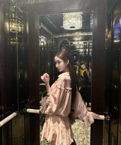 Peach Ice Yarn Chiffon Ruffle Design Two-Piece Top and Short Skirt Set - Trendy Summer Outfit, Perfect for 90s and Y2K Styles