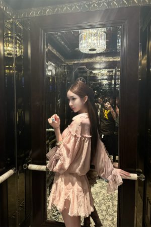 Peach Ice Yarn Chiffon Ruffle Design Two-Piece Top and Short Skirt Set - Trendy Summer Outfit, Perfect for 90s and Y2K Styles