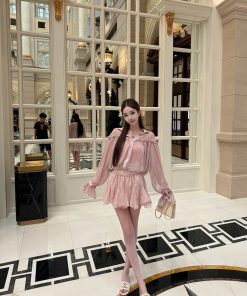 Peach Ice Yarn Chiffon Ruffle Design Two-Piece Top and Short Skirt Set - Trendy Summer Outfit, Perfect for 90s and Y2K Styles