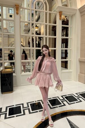 Peach Ice Yarn Chiffon Ruffle Design Two-Piece Top and Short Skirt Set - Trendy Summer Outfit, Perfect for 90s and Y2K Styles