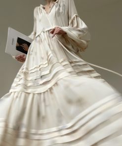 Peach Smoke Mist Loose French Style Dress with Romantic Big Skirt â€“ Slimming Long Vacation Dress for Effortless 90s Chic