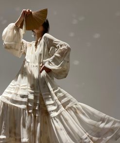 Peach Smoke Mist Loose French Style Dress with Romantic Big Skirt â€“ Slimming Long Vacation Dress for Effortless 90s Chic