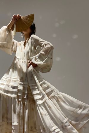 Peach Smoke Mist Loose French Style Dress with Romantic Big Skirt â€“ Slimming Long Vacation Dress for Effortless 90s Chic