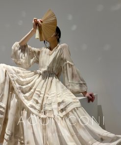 Peach Smoke Mist Loose French Style Dress with Romantic Big Skirt â€“ Slimming Long Vacation Dress for Effortless 90s Chic