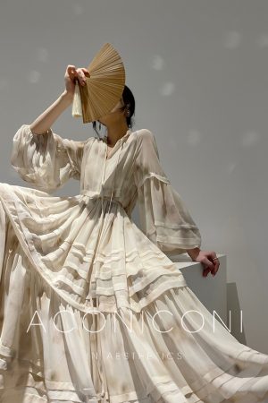 Peach Smoke Mist Loose French Style Dress with Romantic Big Skirt â€“ Slimming Long Vacation Dress for Effortless 90s Chic