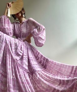 Peach Smoke Mist Loose French Style Dress with Romantic Big Skirt â€“ Slimming Long Vacation Dress for Effortless 90s Chic