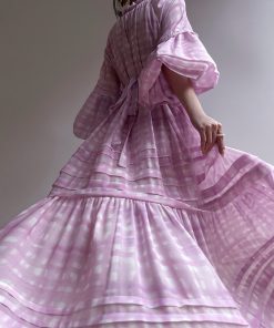 Peach Smoke Mist Loose French Style Dress with Romantic Big Skirt â€“ Slimming Long Vacation Dress for Effortless 90s Chic