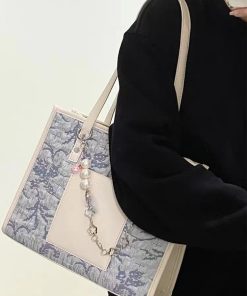 Personalized Sea Salt Blue Jacquard Large Capacity Commuter Tote Bag for Women - High-End Spring Summer 2025 Fashion Bag
