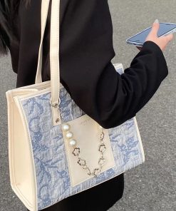 Personalized Sea Salt Blue Jacquard Large Capacity Commuter Tote Bag for Women - High-End Spring Summer 2025 Fashion Bag