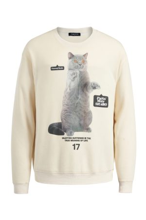 Pet Blue Cat Pullover Sweatshirt - Trendy Loose Fit Round Neck Top for Couples - Spring Fashion, Cute Graphic Design