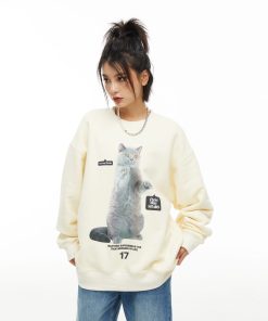 Pet Blue Cat Pullover Sweatshirt - Trendy Loose Fit Round Neck Top for Couples - Spring Fashion, Cute Graphic Design