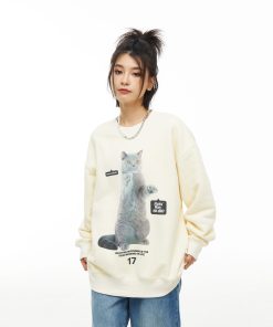 Pet Blue Cat Pullover Sweatshirt - Trendy Loose Fit Round Neck Top for Couples - Spring Fashion, Cute Graphic Design
