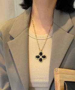 Petal Cross Necklace for Women | Agate Pendant Long Sweater Chain | Simple Elegant Jewelry for Holiday Island Style
