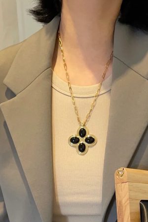 Petal Cross Necklace for Women | Agate Pendant Long Sweater Chain | Simple Elegant Jewelry for Holiday Island Style