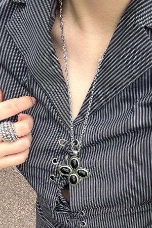 Petal Cross Necklace for Women | Agate Pendant Long Sweater Chain | Simple Elegant Jewelry for Holiday Island Style