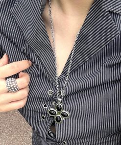 Petal Cross Necklace for Women | Agate Pendant Long Sweater Chain | Simple Elegant Jewelry for Holiday Island Style