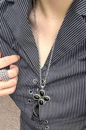 Petal Cross Necklace for Women | Agate Pendant Long Sweater Chain | Simple Elegant Jewelry for Holiday Island Style