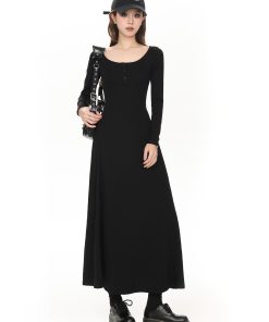 Petite Black Hepburn-Style Long Sleeve Dress for Women, Slim Fit U-Neck Design, 2025 Spring Fashion