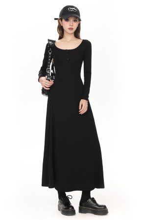 Petite Black Hepburn-Style Long Sleeve Dress for Women, Slim Fit U-Neck Design, 2025 Spring Fashion