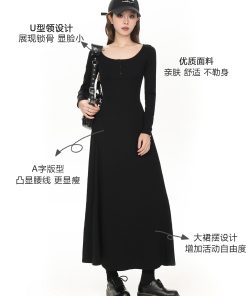 Petite Black Hepburn-Style Long Sleeve Dress for Women, Slim Fit U-Neck Design, 2025 Spring Fashion