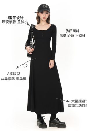 Petite Black Hepburn-Style Long Sleeve Dress for Women, Slim Fit U-Neck Design, 2025 Spring Fashion