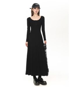 Petite Black Hepburn-Style Long Sleeve Dress for Women, Slim Fit U-Neck Design, 2025 Spring Fashion