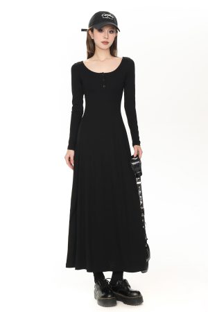 Petite Black Hepburn-Style Long Sleeve Dress for Women, Slim Fit U-Neck Design, 2025 Spring Fashion