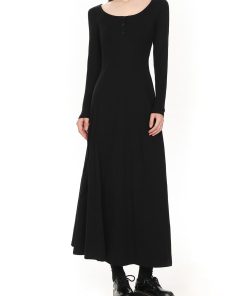 Petite Black Hepburn-Style Long Sleeve Dress for Women, Slim Fit U-Neck Design, 2025 Spring Fashion