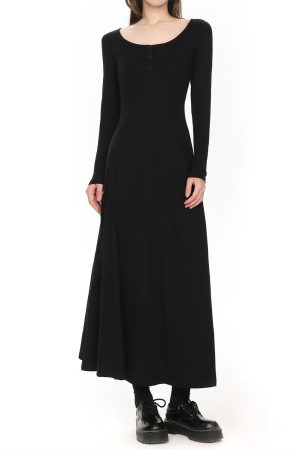 Petite Black Hepburn-Style Long Sleeve Dress for Women, Slim Fit U-Neck Design, 2025 Spring Fashion