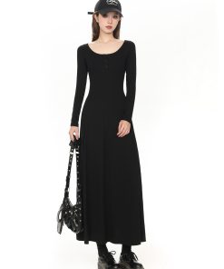 Petite Black Hepburn-Style Long Sleeve Dress for Women, Slim Fit U-Neck Design, 2025 Spring Fashion