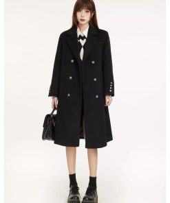 Petite Black Woolen Coat for Women, High-End Shoulder Design, 2025 Winter Outerwear, Chic and Stylish Layering Piece