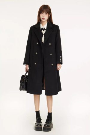 Petite Black Woolen Coat for Women, High-End Shoulder Design, 2025 Winter Outerwear, Chic and Stylish Layering Piece