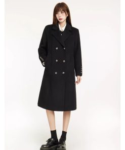 Petite Black Woolen Coat for Women, High-End Shoulder Design, 2025 Winter Outerwear, Chic and Stylish Layering Piece