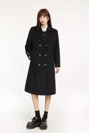 Petite Black Woolen Coat for Women, High-End Shoulder Design, 2025 Winter Outerwear, Chic and Stylish Layering Piece