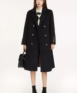 Petite Black Woolen Coat for Women, High-End Shoulder Design, 2025 Winter Outerwear, Chic and Stylish Layering Piece