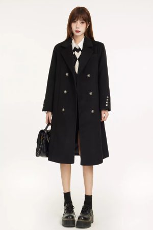 Petite Black Woolen Coat for Women, High-End Shoulder Design, 2025 Winter Outerwear, Chic and Stylish Layering Piece
