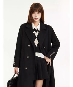Petite Black Woolen Coat for Women, High-End Shoulder Design, 2025 Winter Outerwear, Chic and Stylish Layering Piece