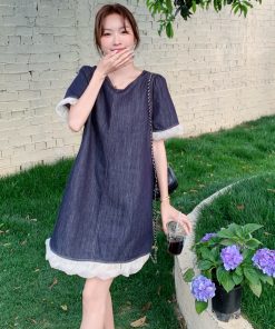 Petite Blue Denim Dress with Wood Ear Edges, Trendy Summer 2025 Style, High-End Korean Fashion for Women