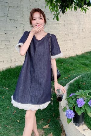 Petite Blue Denim Dress with Wood Ear Edges, Trendy Summer 2025 Style, High-End Korean Fashion for Women