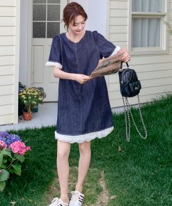 Petite Blue Denim Dress with Wood Ear Edges, Trendy Summer 2025 Style, High-End Korean Fashion for Women