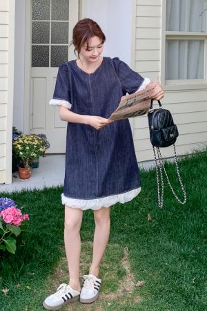 Petite Blue Denim Dress with Wood Ear Edges, Trendy Summer 2025 Style, High-End Korean Fashion for Women