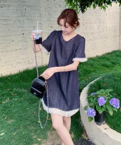 Petite Blue Denim Dress with Wood Ear Edges, Trendy Summer 2025 Style, High-End Korean Fashion for Women
