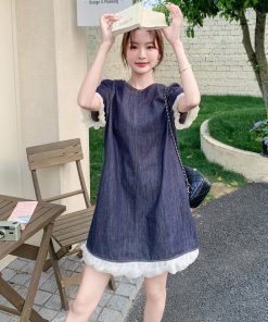 Petite Blue Denim Dress with Wood Ear Edges, Trendy Summer 2025 Style, High-End Korean Fashion for Women