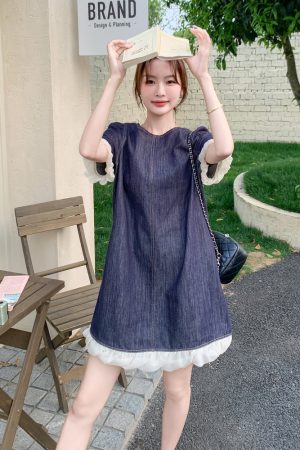 Petite Blue Denim Dress with Wood Ear Edges, Trendy Summer 2025 Style, High-End Korean Fashion for Women